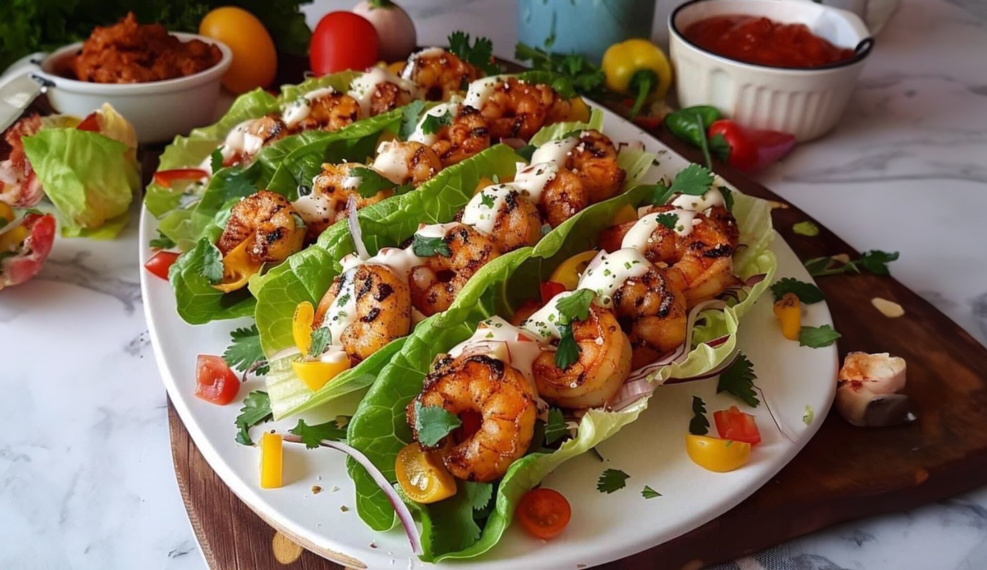 Healthy Taco Shrimp Lettuce Wraps with Fresh Avocado and Pico de Gallo