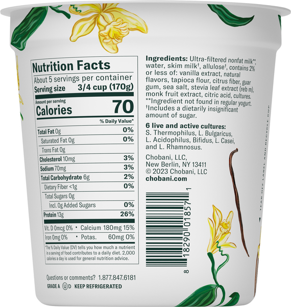 Chobani Zero Sugar Vanilla Greek Yogurt Nutrition Facts