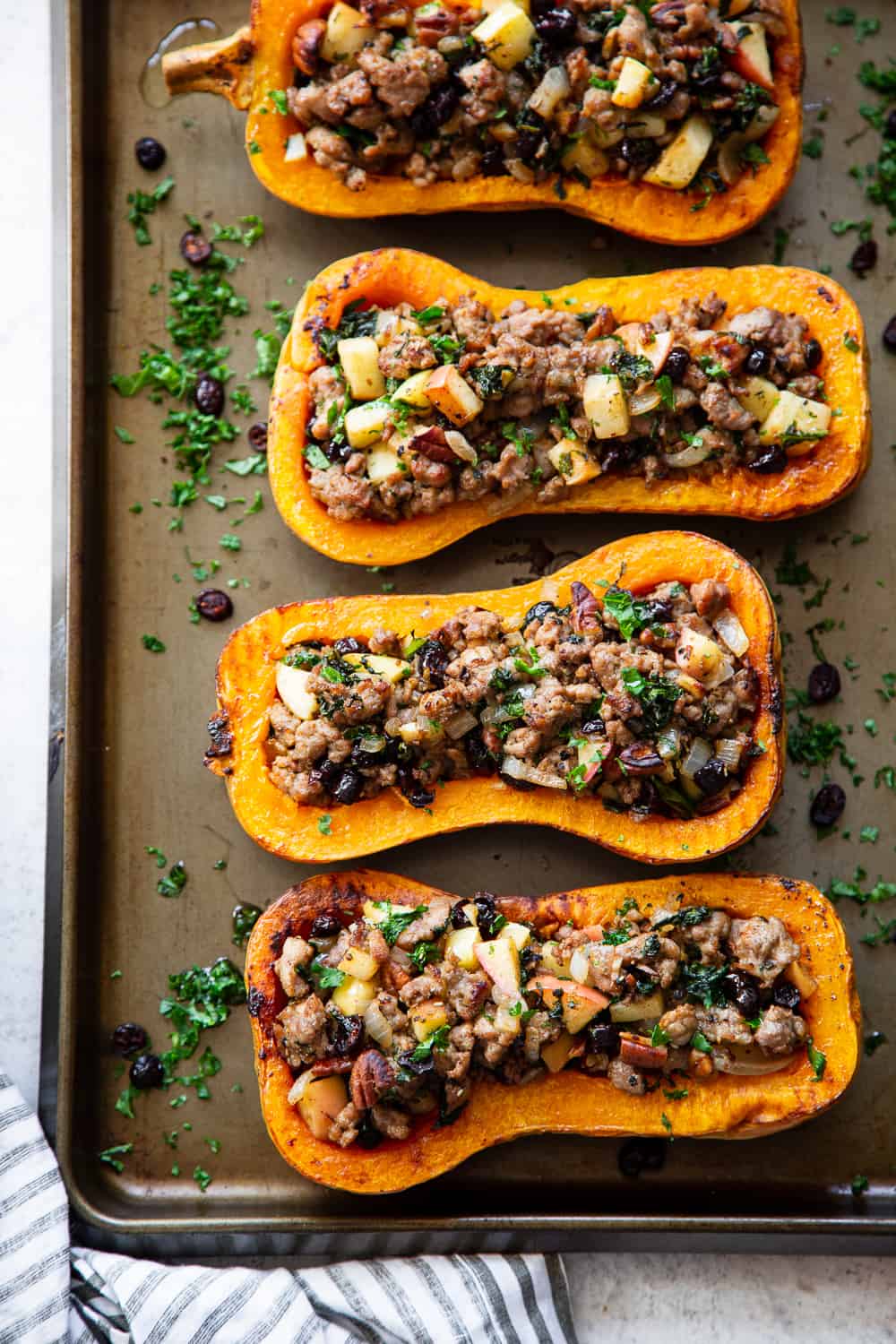 Sausage Stuffed Butternut Squash Recipe with Fall Veggies and Holiday Side Dish Ideas