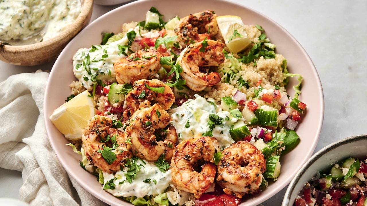 Roasted Mediterranean Shrimp Bowl Recipe with Garlic & Mediterranean Spices